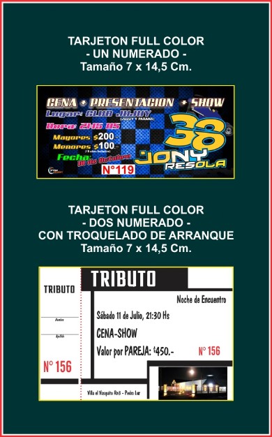 Tarjetones participacion cena show, etc. numerados. Tarjetones participacion cena show, numerados full color